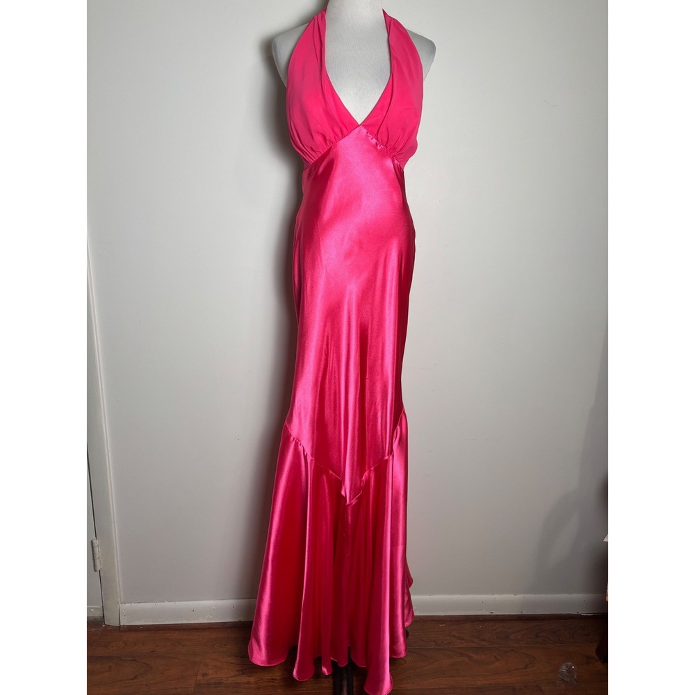 Faviana Womens VTG Y2K Formal Gown 11/12 Pink Satin Halter Dress Prom Evening